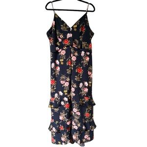 Gibson Latimer Dress Womens Sz L Black Red Witchy Floral Midi Ruffle Tiered GUC